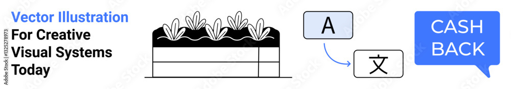 Fototapeta premium Language translation dialogue boxes, cashback text bubble, nature-themed layered soil diagram. Ideal for fintech, e-learning, translation, messaging apps, payment systems, sustainability flat