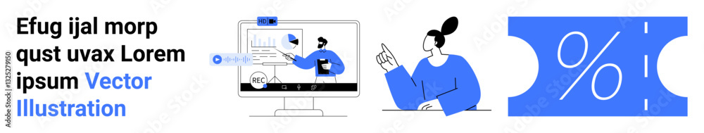 Professionals engage in a virtual meeting analyzing data charts, while a discount ticket displays a percentage. Ideal for collaboration, online learning, marketing, discounts, analysis, teamwork Professionals engage in a virtual meeting analyzing data charts, while a discount ticket displays a percentage. Ideal for collaboration, online learning, marketing, discounts, analysis, teamwork