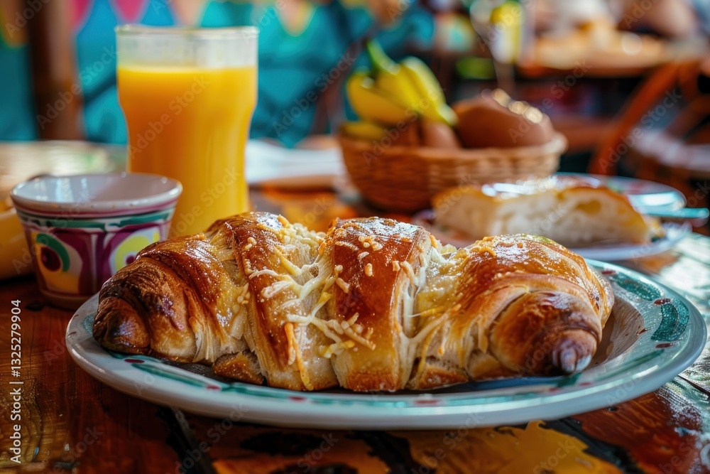 Delicious Breakfast Spread with Croissant Orange Juice and Fresh Bread on a Colorful Table Delicious Breakfast Spread with Croissant Orange Juice and Fresh Bread on a Colorful Table