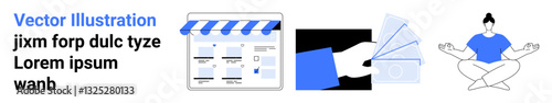 E-commerce website layout, hand exchanging money, individual meditating. Ideal for online shopping, financial transactions, health and wellness, balance, business, digital payments lifestyle