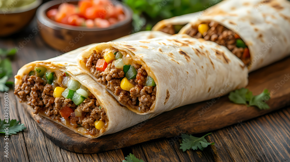 Savory Burritos: A delicious display of freshly made burritos, filled with a savory mix of seasoned meat, colorful vegetables, and wrapped in a soft, golden tortilla. Savory Burritos: A delicious display of freshly made burritos, filled with a savory mix of seasoned meat, colorful vegetables, and wrapped in a soft, golden tortilla.