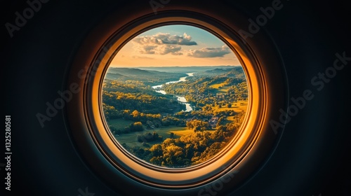 View from an airplane window flying over Missouri, featuring the Ozark Mountains, the Mississippi River, and rolling farmland. The landscape is dotted with small towns and forests. 
