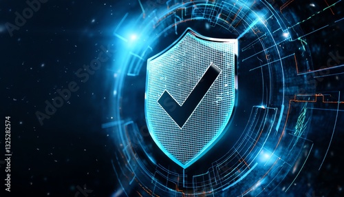 A digital shield symbolizing security, featuring a check mark, surrounded by a futuristic blue glow.
