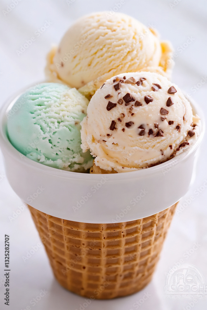 ice cream cone with three different flavors of icecream, ice cream cone with three different flavors of icecream,