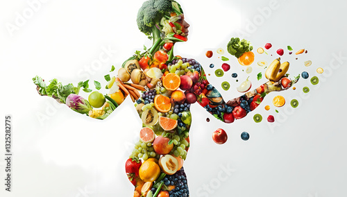 Nutrient-Rich Silhouette: A person, constructed entirely of fresh, colorful fruits and vegetables, stands with open arms, symbolizing health and the vibrant benefits of a balanced diet.