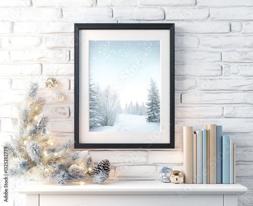 Winter wonderland scene in framed print, displayed on mantelpiece with mini Christmas tree.