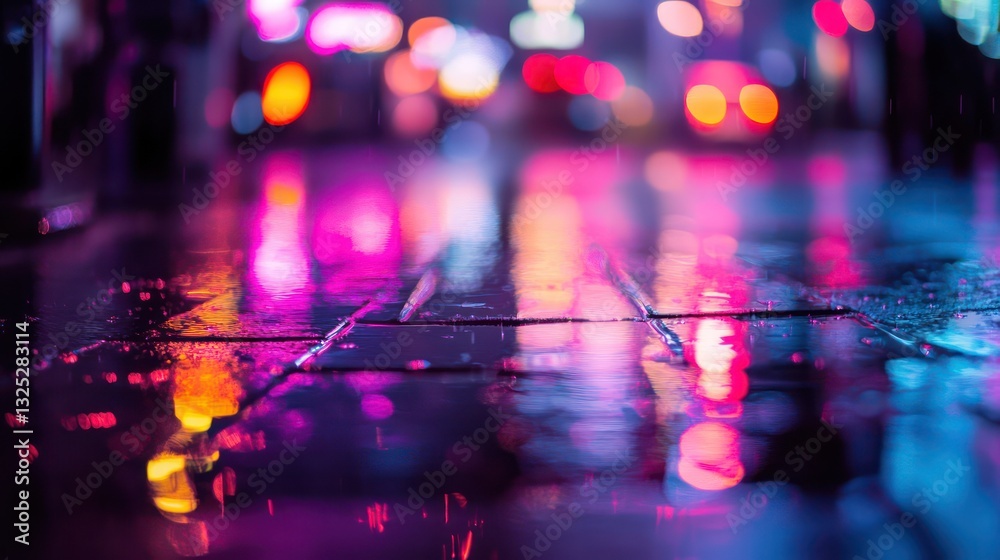 Fototapeta premium Colorful city lights reflected on a wet pavement surface at night