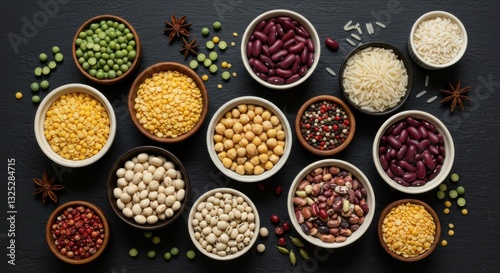 Wallpaper Mural Overhead view, colorful legumes and grains, small bowls, variety of beans, lentils, peas, chickpeas, rice, diverse textures, circular arrangement, dark background, vibrant colors, healthy ingredients, Torontodigital.ca
