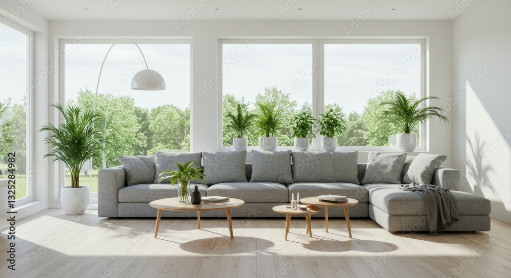 Fototapeta premium Bright modern living room, large windows, natural light, gray sofas, wooden coffee table, potted plants, white walls, minimalist decor, cozy interior, Scandinavian style, open space, hardwood floors, 