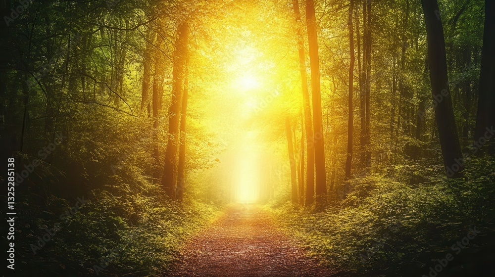 Fototapeta premium Forest path inviting exploration with sunlight filtering through tall trees in a tranquil, lush environment