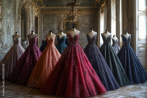 an array of exquisite gowns in a majestic hall showcasing timeless elegance and sartorial artistry