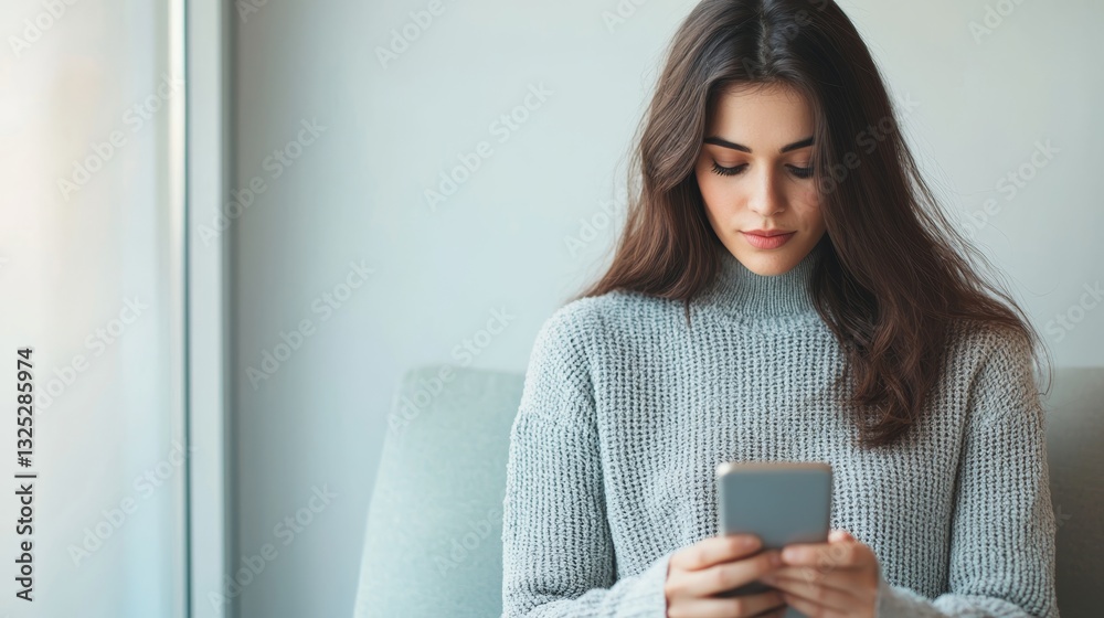 Serene Woman Reading Digital Magazine on Smartphone by Window - Modern Lifestyle and Beauty Inspiration Concept Serene Woman Reading Digital Magazine on Smartphone by Window - Modern Lifestyle and Beauty Inspiration Concept