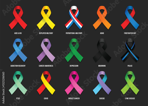 Awareness ribbon social issue health set