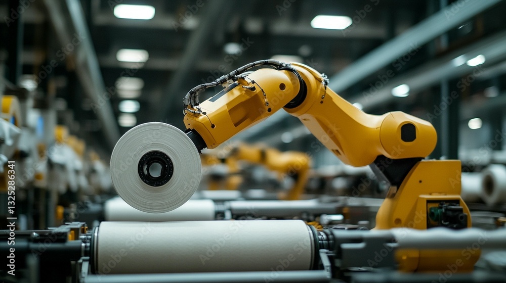Robotic arm handling paper rolls in a modern factory.
