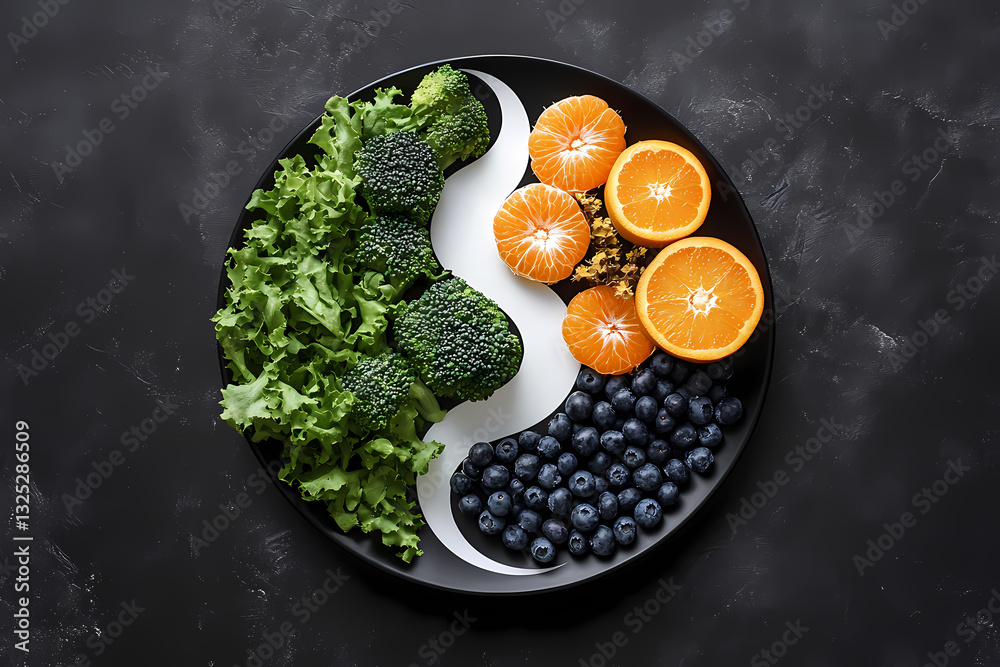 Yin Yang Balanced Diet: A vibrant visual of a yin-yang symbol, artfully composed with fresh ingredients, promoting healthy eating habits. Yin Yang Balanced Diet: A vibrant visual of a yin-yang symbol, artfully composed with fresh ingredients, promoting healthy eating habits.