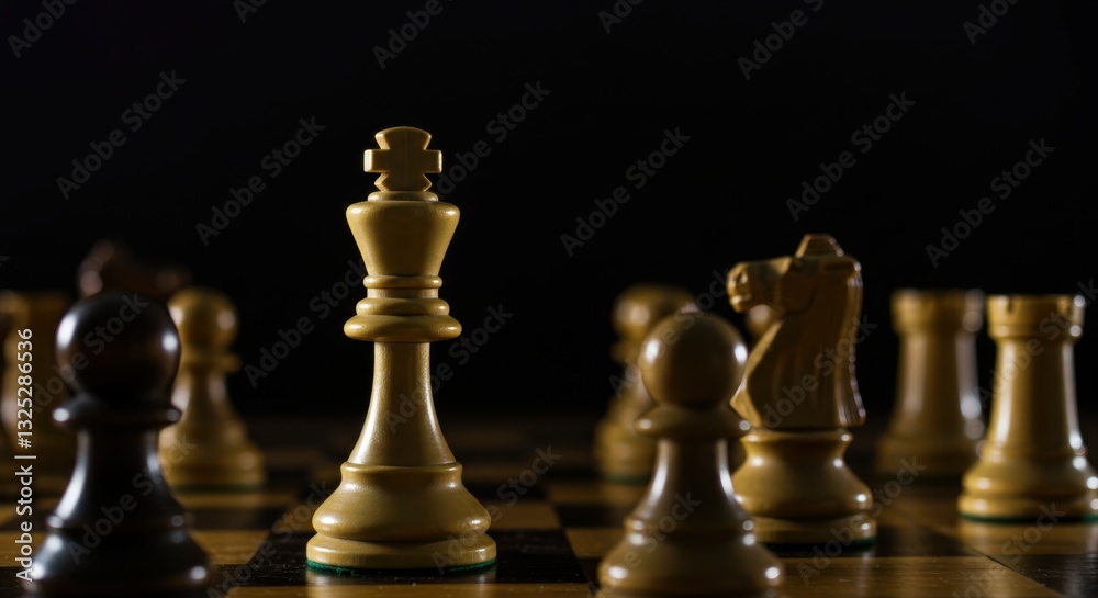 chess pieces, gold and bronze tones, dramatic lighting, close-up, wooden chessboard, strategy game, king piece in focus, selective focus, shallow depth of field, dark background, metallic sheen, drama chess pieces, gold and bronze tones, dramatic lighting, close-up, wooden chessboard, strategy game, king piece in focus, selective focus, shallow depth of field, dark background, metallic sheen, drama