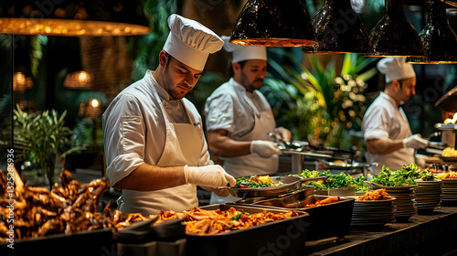 Culinary Symphony: A trio of skilled chefs orchestrate a culinary masterpiece, meticulously preparing a sumptuous buffet spread brimming with vibrant dishes and flavors.
