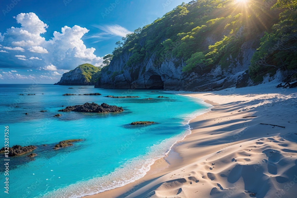 Fototapeta premium Stunning Blue Beach Cove with Soft Sand and Bright Sunlight