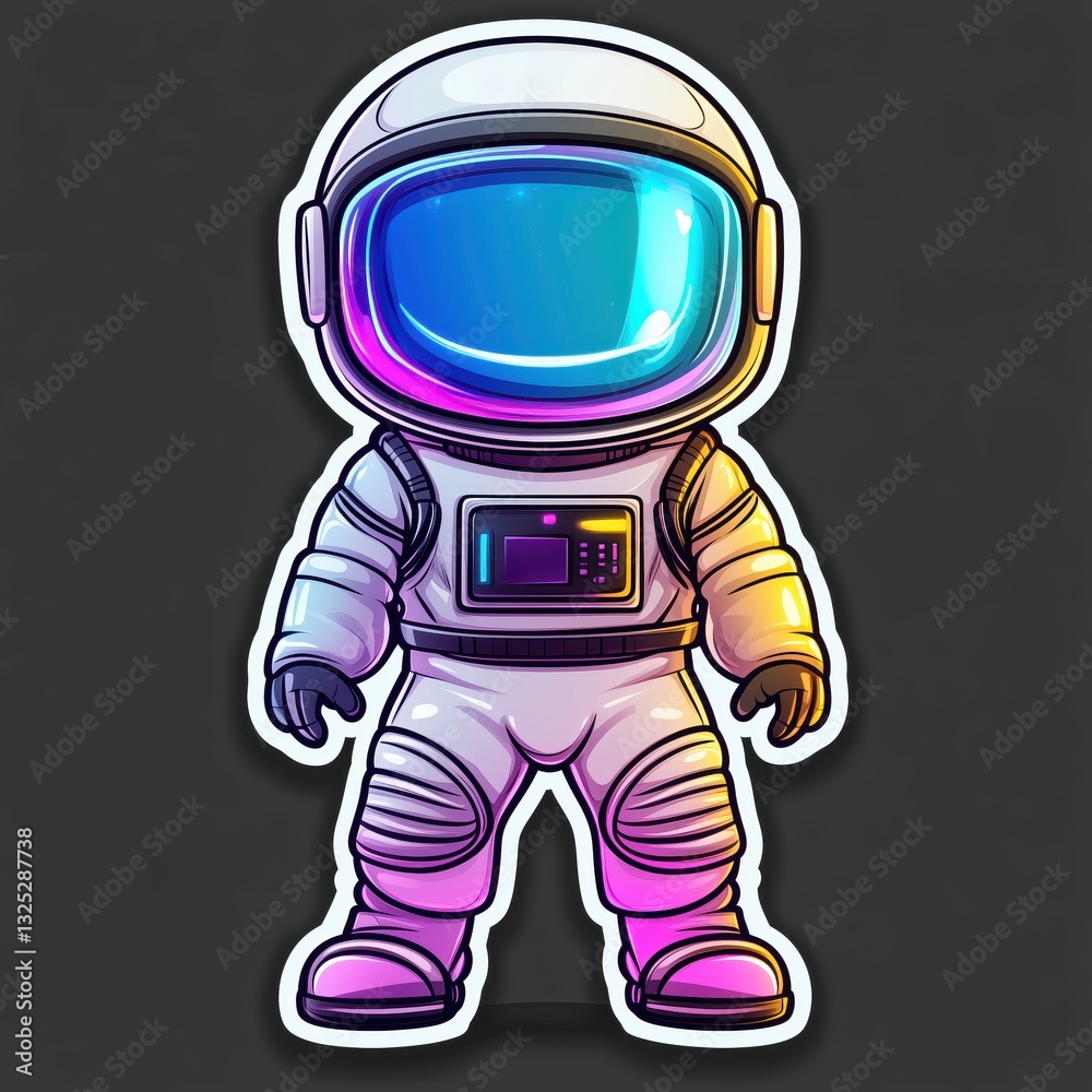 Fototapeta premium A colorful cartoon astronaut with a blue helmet stands on a black background