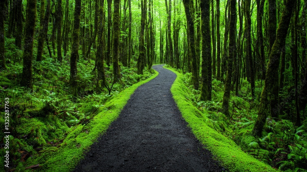 Scenic Moss-Covered Pathway Through Lush Green Forest Landscape Scenic Moss-Covered Pathway Through Lush Green Forest Landscape