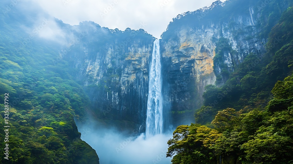 Fototapeta premium Majestic Waterfall in Misty Mountains