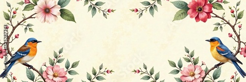 A beautiful floral border featuring colorful birds and blooming flowers.