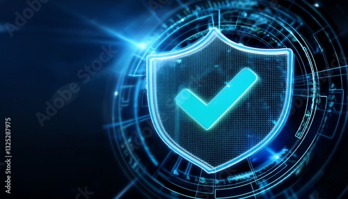 A glowing digital shield with a checkmark, symbolizing security and protection in a high-tech environment.
