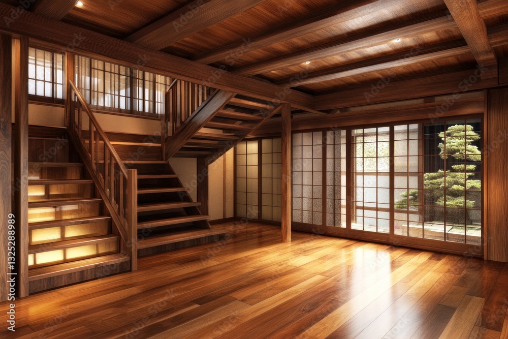 Wooden staircase and shoji screen in a traditional Japanese home interior. Wooden staircase and shoji screen in a traditional Japanese home interior.