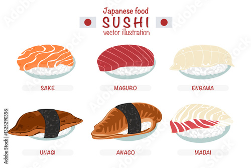 Set of different types of sushi vector illustration. Delicious food. Popular Japanese food. Nigiri sushi. Raw fish on rice. Recipe. Cooking. Menu. Restaurant. For food design, poster and background.
