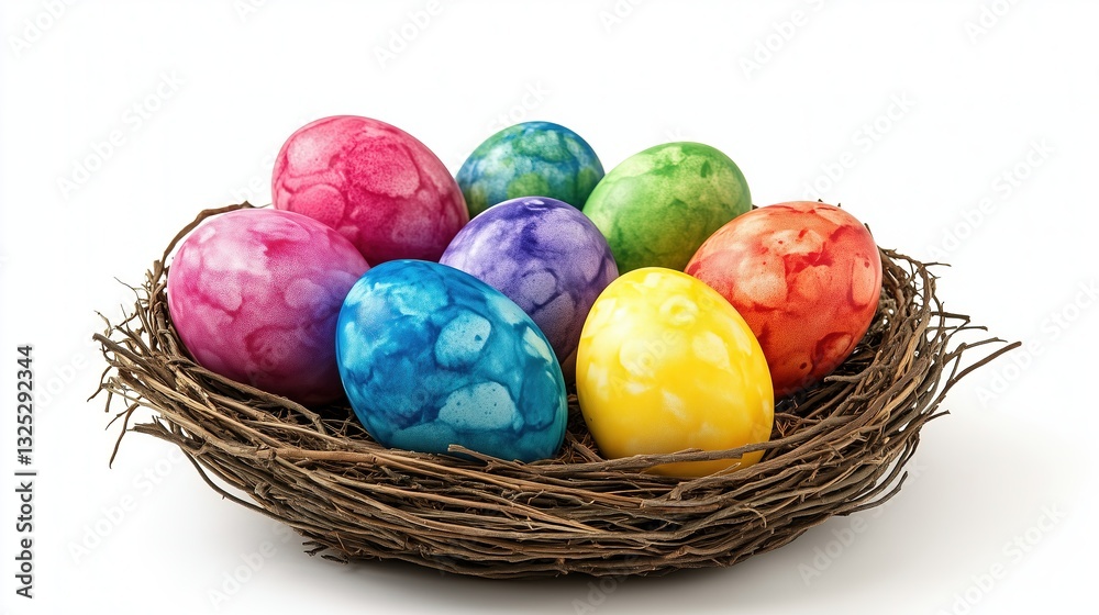 Painted Easter eggs in a decorative nest on a white background, isolate Painted Easter eggs in a decorative nest on a white background, isolate