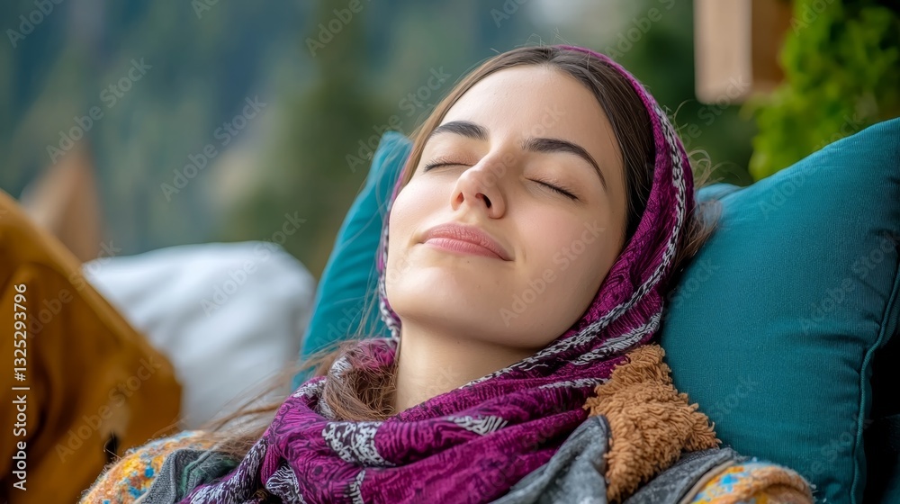 Finding Peace: Cancer Patient in Headscarf Meditating in Serene Environment Finding Peace: Cancer Patient in Headscarf Meditating in Serene Environment