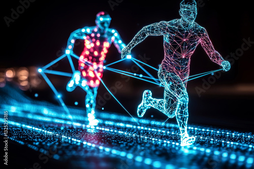 surreal image of two athletes running, depicted as glowing wireframe figures with vibrant colors, showcasing motion and energy in futuristic setting