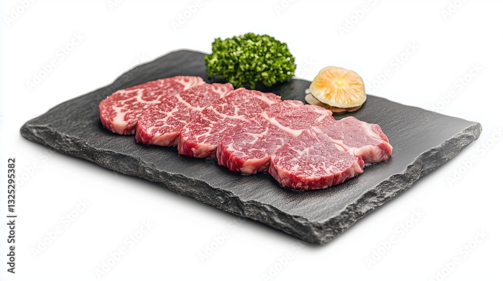 Tender wagyu steak on a stone bowl on a white background, isolate Tender wagyu steak on a stone bowl on a white background, isolate