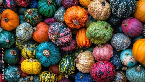 Vibrant assortment of colorful pumpkins displayed in a seamless patterned arrangement photo