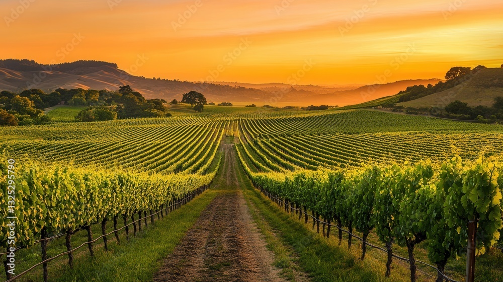 Lush vineyard rows under a warm orange sunset casting golden hues over the sprawling landscape Lush vineyard rows under a warm orange sunset casting golden hues over the sprawling landscape