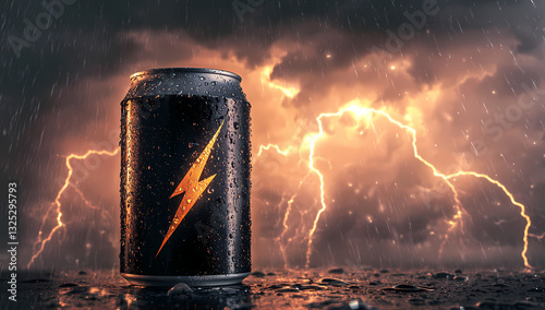 Storm Surge: An energy drink can rests amidst a dramatic storm with lightning streaking across the sky, symbolizing a burst of energy and power.