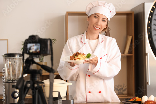 Female food blogger with ta...