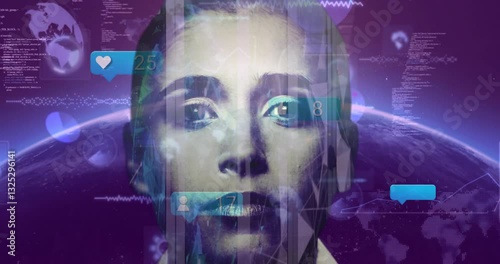 Wallpaper Mural Animation overlaying woman's face with digital interface and global network background Torontodigital.ca