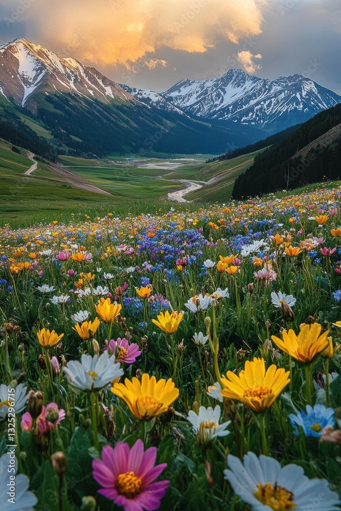 Fototapeta premium Beautiful colorful wild flowers with snow mountain in Spring.