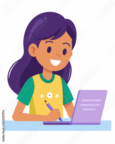 A young girl with a bright smile on her face writing out lines of code on paper as she prepares to input her program into an interactive coding game.. Vector illustration