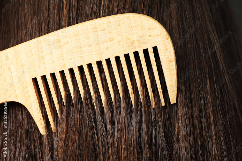 Obraz premium Brushing hair with wooden comb, closeup view