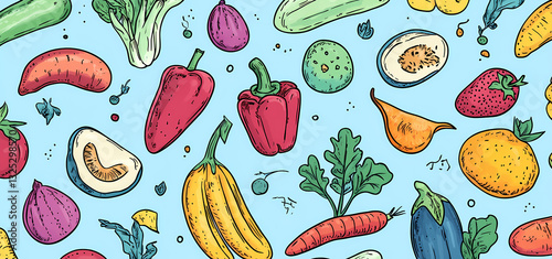 Colorful Fresh Vegetables: A vibrant illustration showcasing an assortment of fresh, colorful vegetables in a seamless pattern. Perfect for conveying health, nutrition, and culinary themes.