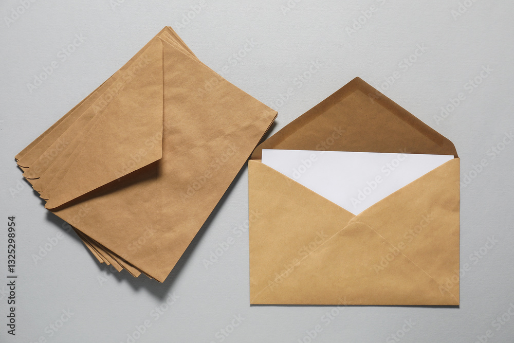 Kraft paper envelopes with letter on gray background, top view. Mockup for design Kraft paper envelopes with letter on gray background, top view. Mockup for design