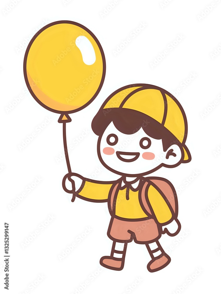 Cute cartoon schoolboy in yellow cap and outfit holding yellow balloon and backpack, kawaii style character on white background, isolated design element. Cute cartoon schoolboy in yellow cap and outfit holding yellow balloon and backpack, kawaii style character on white background, isolated design element.
