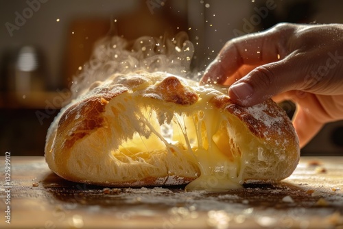 Freshly Baked Cheese Bread Being Torn Open Revealing Melted Cheese and Steam Perfect for Food photo