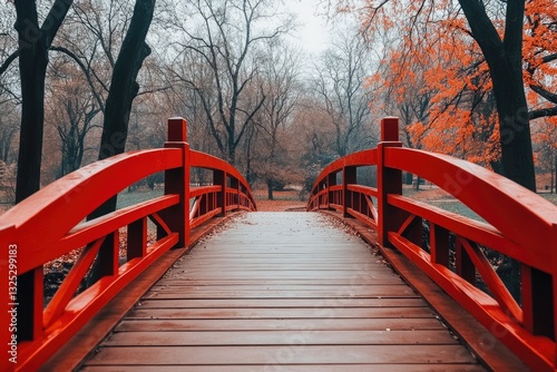 Autumnal Red Bridge in Park photo
