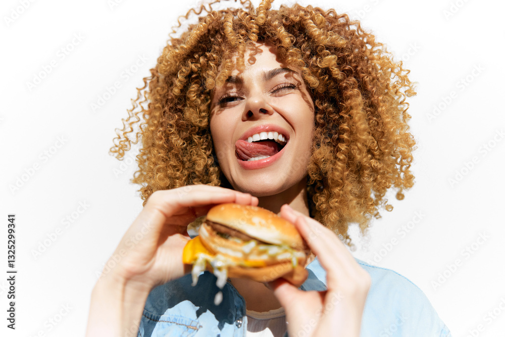 Naklejka premium Happy young woman with curly hair enjoying a delicious burger, expressing joy and excitement against a white background Perfect for healthy eating and food concepts