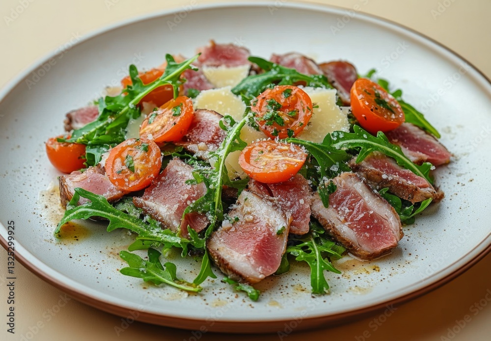 Fresh Salad with Sliced Meat, Arugula, Tomatoes, and Cheese Fresh Salad with Sliced Meat, Arugula, Tomatoes, and Cheese