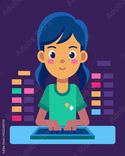 A young girls face lit up in concentration as she typed out a sequence of commands bringing a colorful coding creation to life on the screen.. Vector illustration
