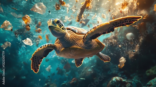 A sea turtle gracefully swims through a vibrant ocean filled with plastic debris, highlighting the challenges of marine pollution.